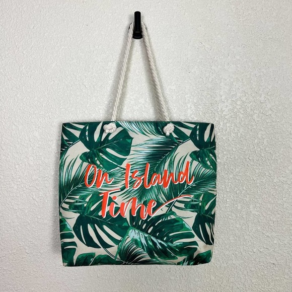 On Island Time Canvas Tote Bag Tropical Leaf Print Rope Handles Large - Picture 2 of 7